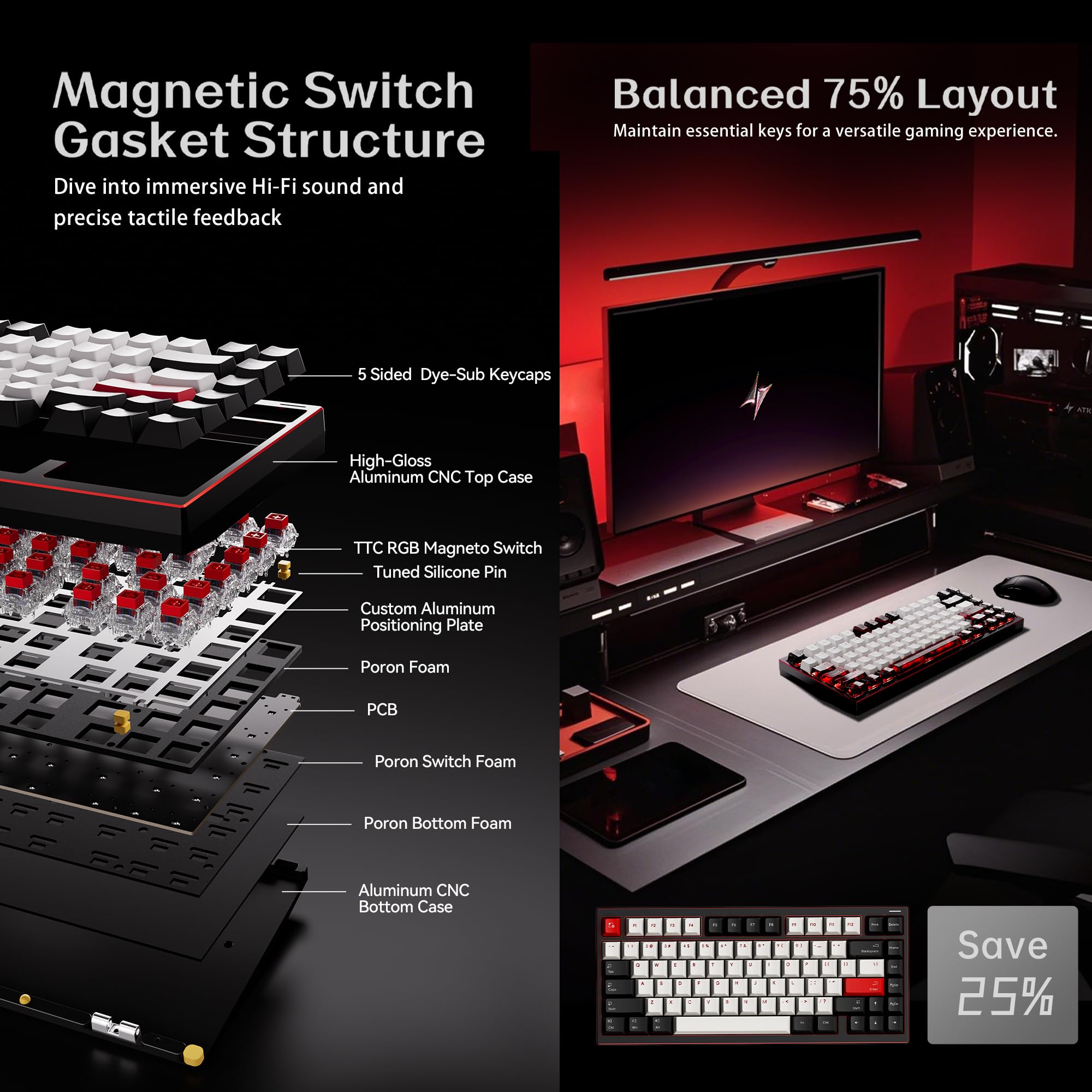 Amazon.com: ATK Edge 75 HE Esports Magnetic Keyboard, 75% 82-Key